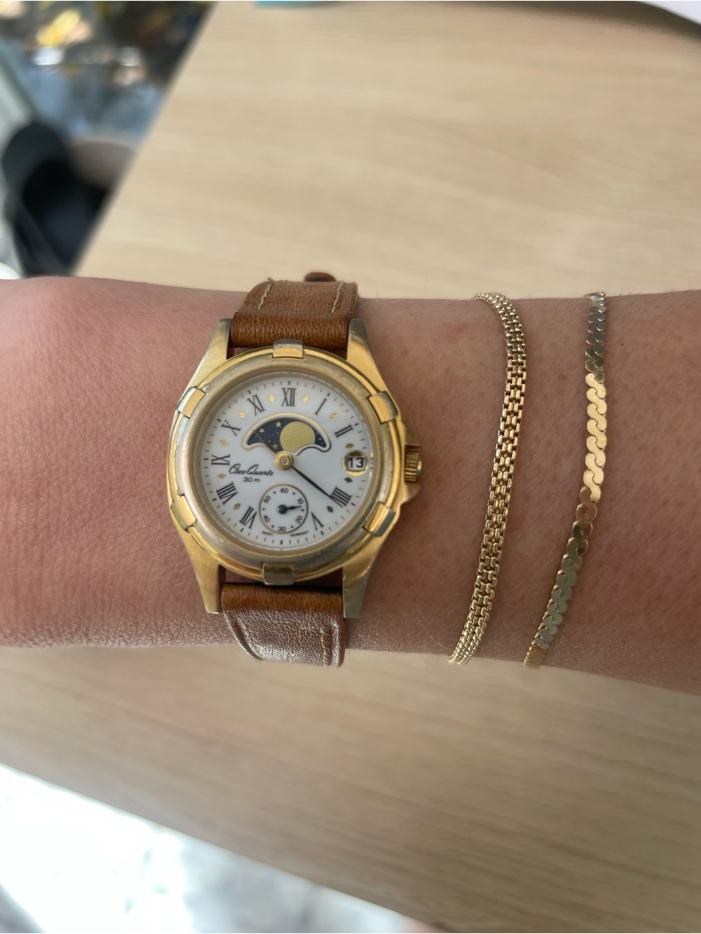 Rare Vintage Gold-Tone Women's Moonphase Watch with Brown Leather Strap